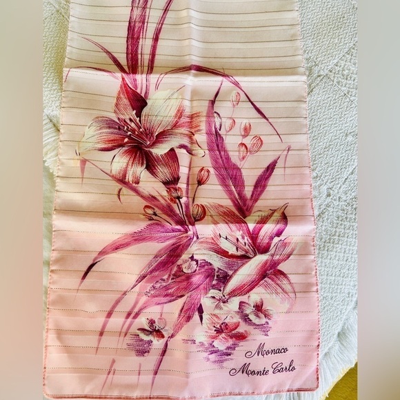 Vintage 1970s Scarf Sheer Oblong:  Monaco Monte Carlo Printed, Pink Rose Floral - Picture 11 of 15